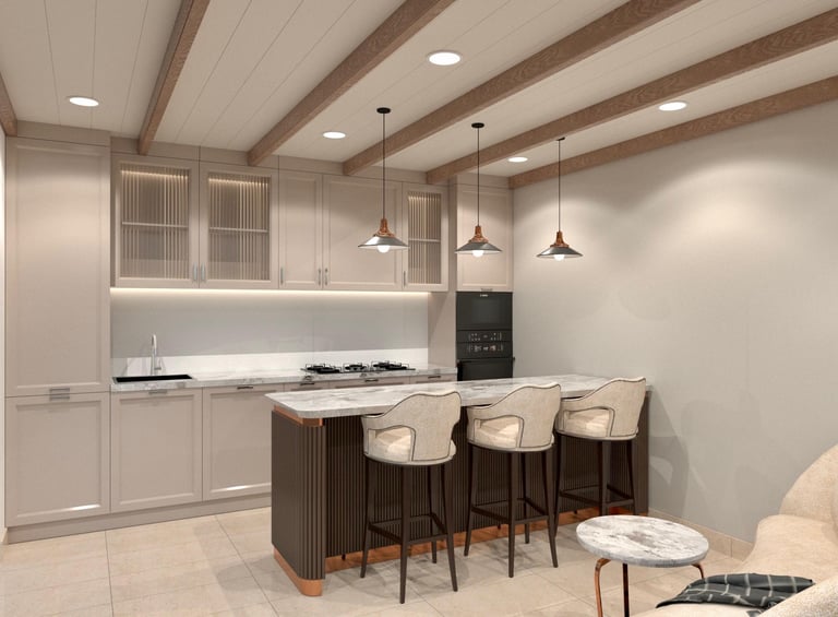 3D-rendered cozy kitchen with wood accents, pendant lighting, and a marble island – by SketchyCAD.