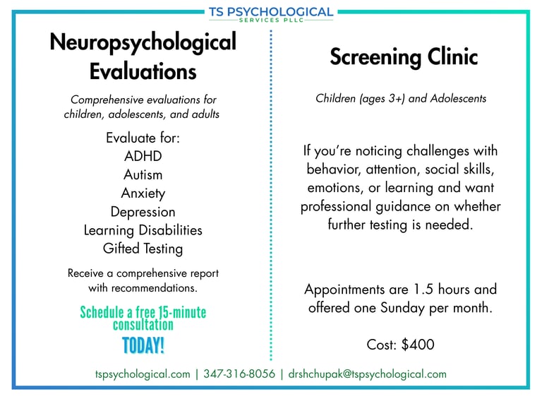 Neuropsychological Evaluations & Screening Clinic with Dr. Shchupak in Brooklyn