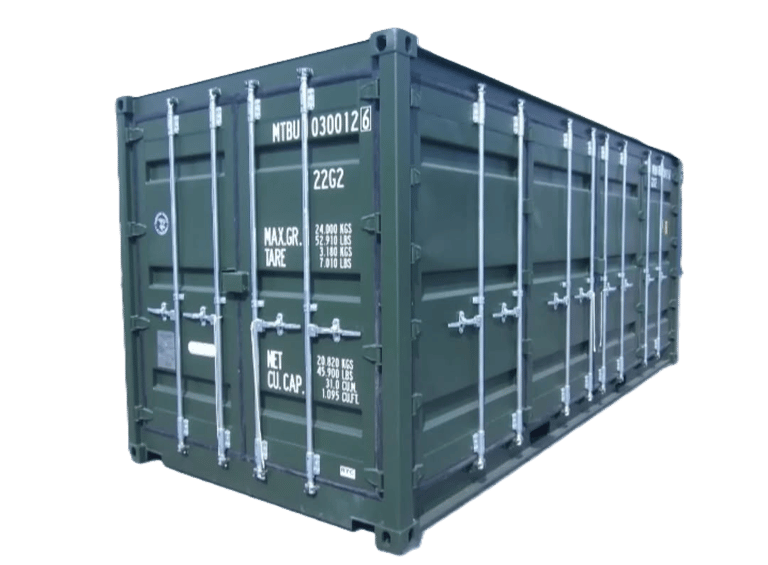 Dark green side-opening shipping container with heavy-duty locking bars for secure storage.