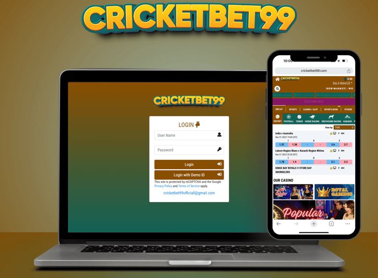 a laptop and a cell phone with a cricket betting app on the screen