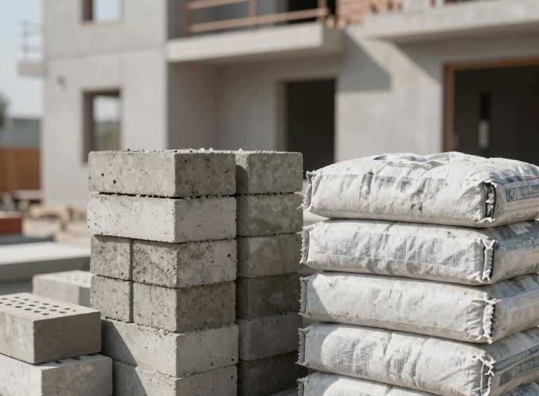 A close-up shot of high-quality construction materials like bricks and cement bags on a modern Turkish residential building site, minimalist aesthetic, sharp focus, natural lighting.