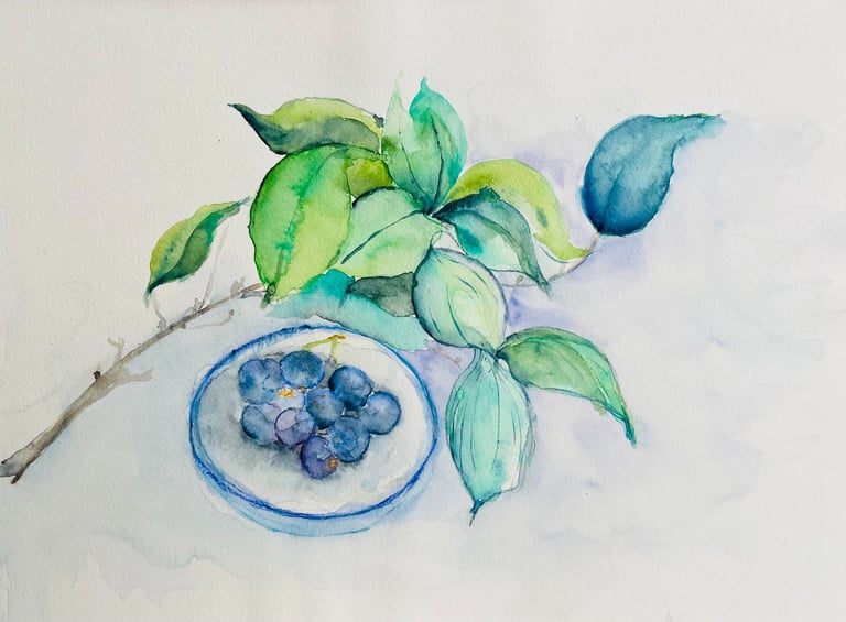 Japanese Art by Weronika Kacperski. Magic in the Ordinary Things. Blueberries watercolour