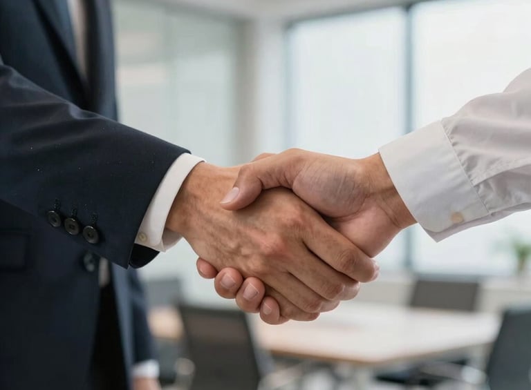 A close-up of a professional handshake between two business people in a modern, brightly lit North American office, representing a secure and reliable partnership.