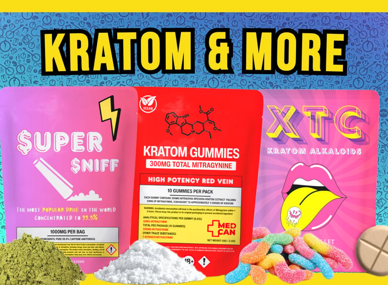 Assorted Kratom and caffeine products including Red Vein Kratom gummies and Super Sniff powder.