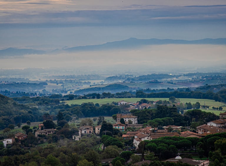 a view of a city with a view of the mountains