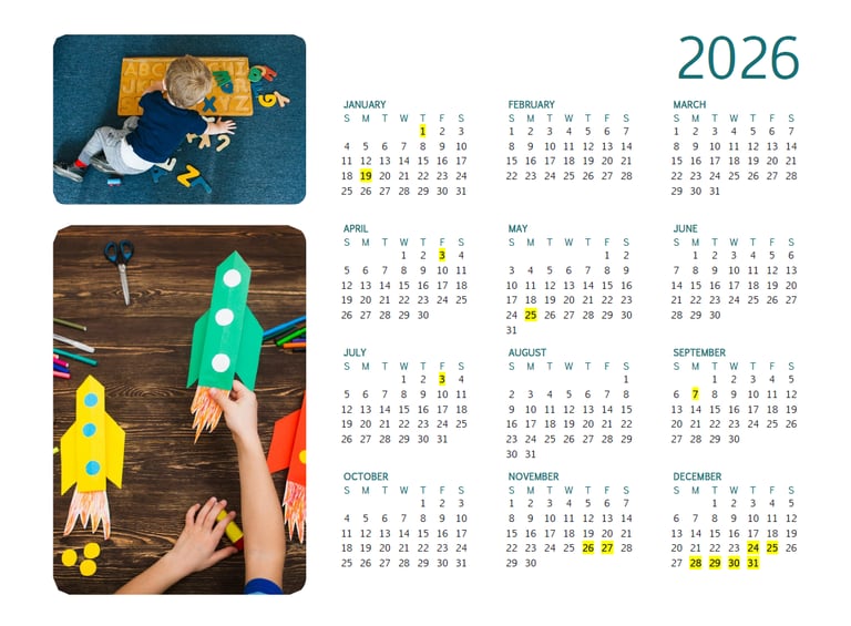Full 2026 yearly calendar featuring photos of a child playing with letters and paper rocket crafts.