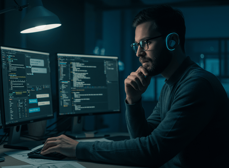 AI Engineer working on prompting using three monitors