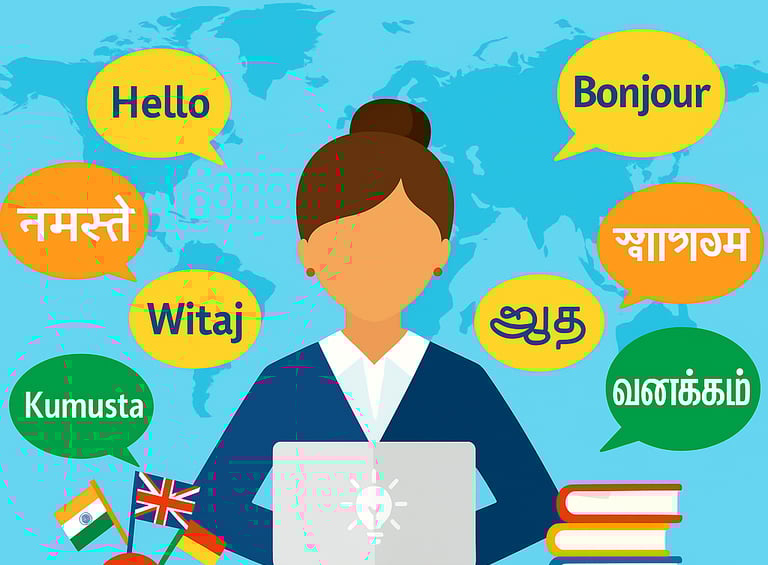 a woman sitting at a desk with a laptop and a laptop