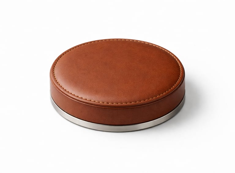 Round leather paperweight with smooth finish used to hold documents on office desks.