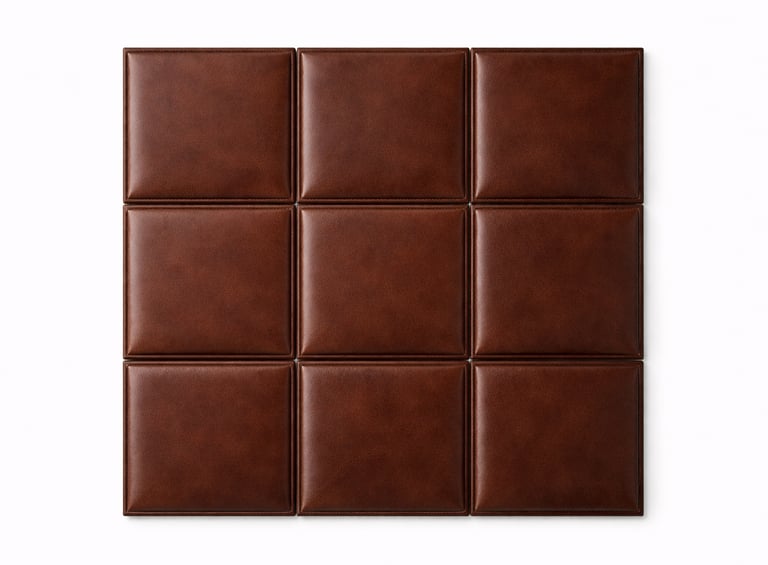 Padded leather wall panels arranged in square patterns for decorative interior wall covering.