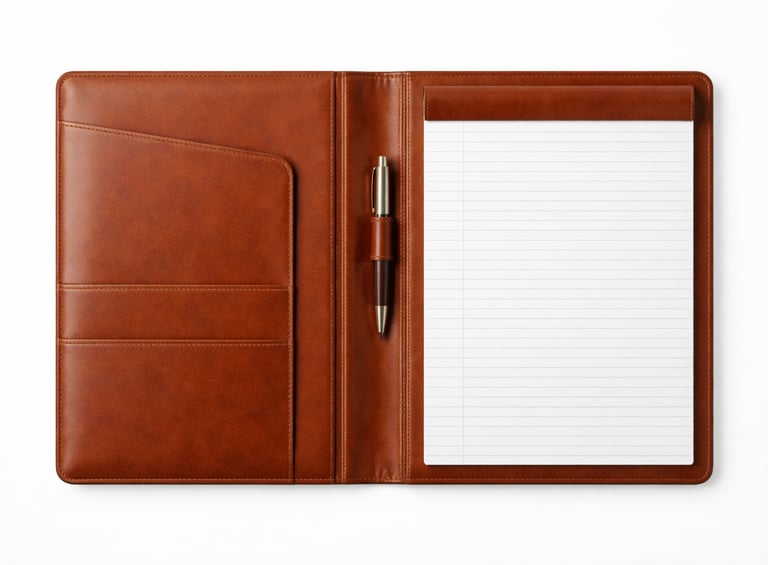 Leather writing padfolio with notepad and pen holder designed for meetings and office use.