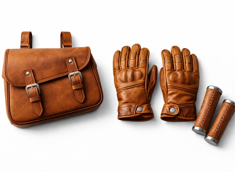 Motorcycle leather accessories including bags and gloves designed for riding use.