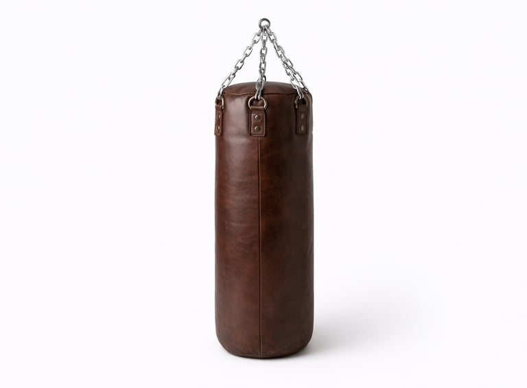 Leather punching bag with reinforced stitching for gym and professional training use.