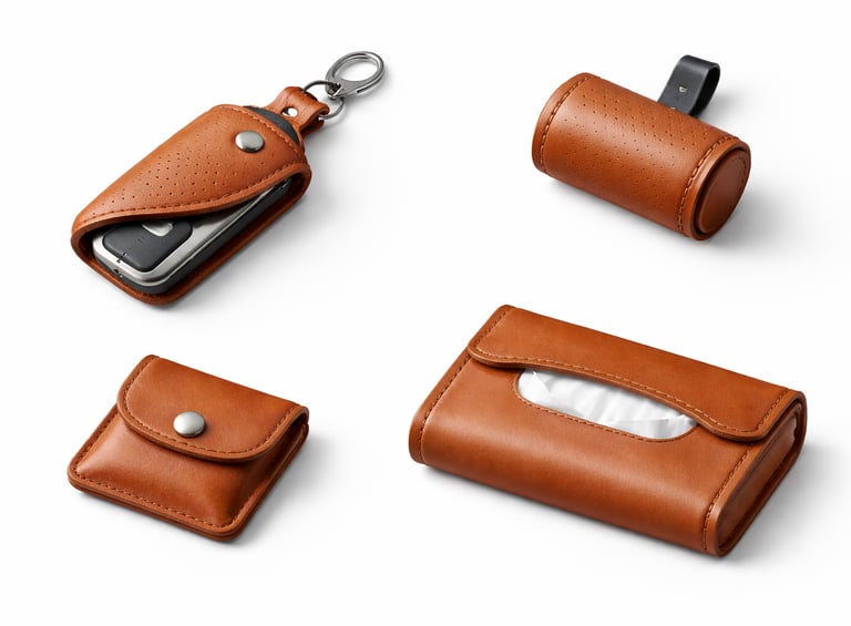 Small leather automotive accessories such as key covers and organizers for vehicles.