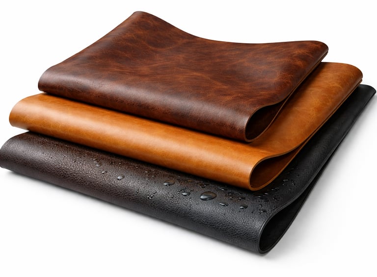Tanned and treated leather sheets for manufacturing use.