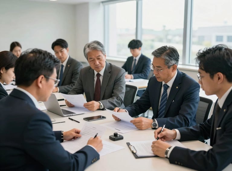 Bright, natural daylight seminar room with diverse public safety leaders in professional business attire collaborating over research documents at a conference table.