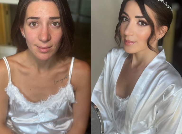 Prima e dopo trucco sposa luminoso con effetto naturale e lunga durata