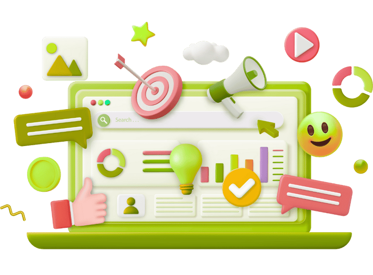 3D laptop showing website SEO results and analytics