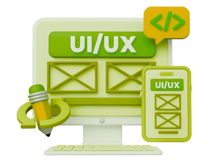 3D laptop displaying website UI and UX design work