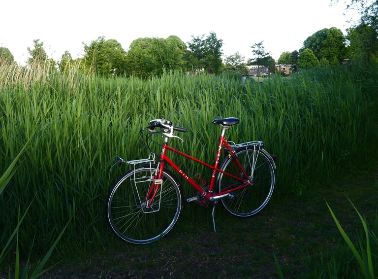 Rode fiets voor bamboe klaar voor reparatie in Amsterdam