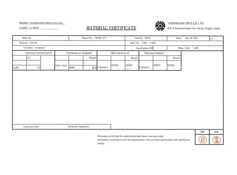 Certificado de calidad Acero ATS 314