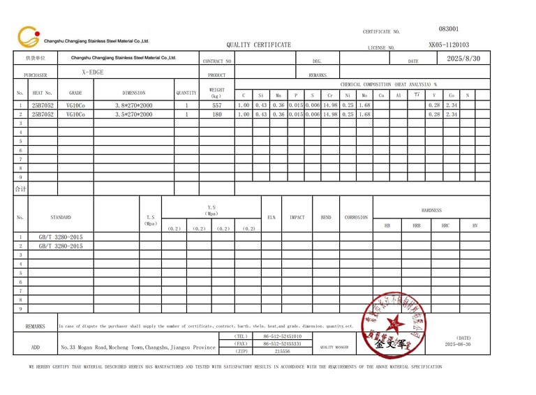 Certificado de calidad Acero VG10+Cobalto