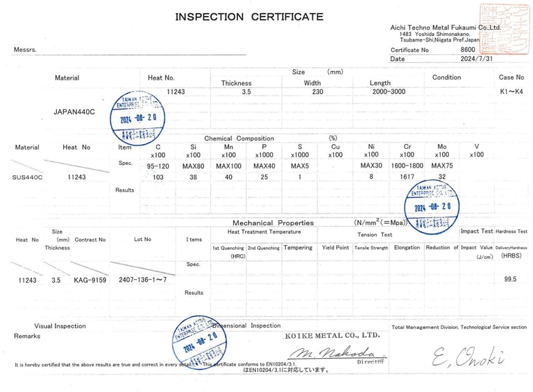 Certificado de calidad Acero Japan 440C