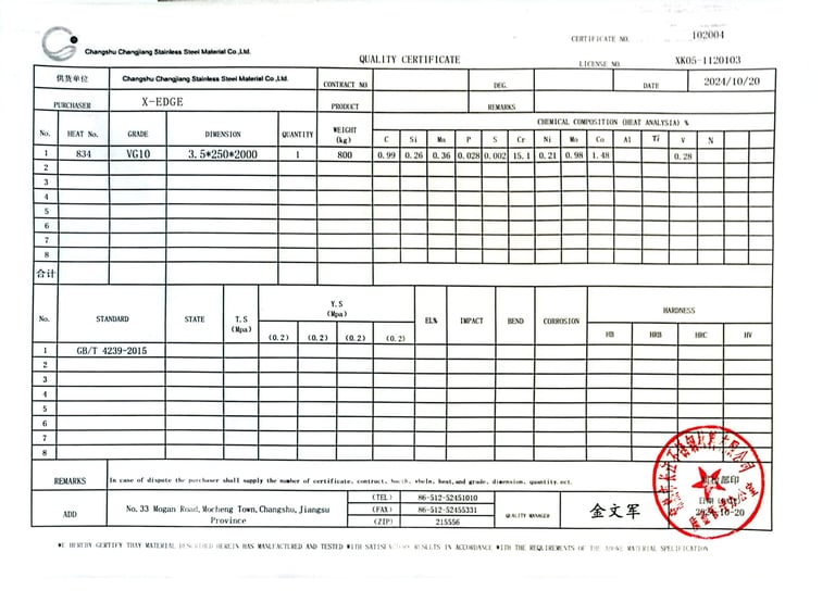 Certificado de calidad Acero VG10