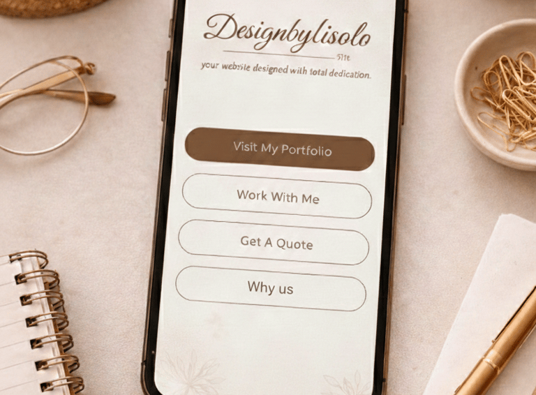 Smartphone displaying a web designer portfolio landing page on a desk with coffee and stationery.