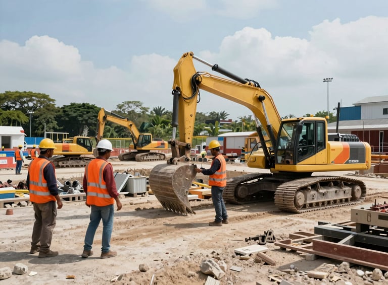 Wide environmental shot of an active infrastructure project in Johor Bahru, workers in high-visibility orange vests and hard hats operating machinery under bright, natural daylight, high contrast.