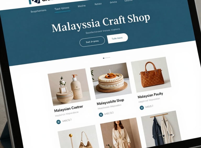 A high-quality visual of an online storefront on a tablet, featuring a Malaysian craft shop. The design is modern with clean lines and a friendly interface, using #A4C3A8 and #4A6C70 colors in the website UI shown.