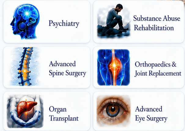 Psychiatry, Substance abuse rehabilitation, Spine Surgery, Joint replacement, Organ Transplant, Eye 