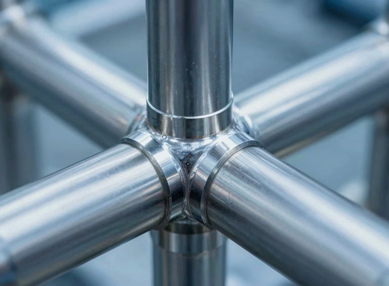 Sharp industrial photography of a seamless hand-polished stainless steel joint, cool blue and steel tones, high-contrast architectural lighting, macro detail, clean metallic reflections
