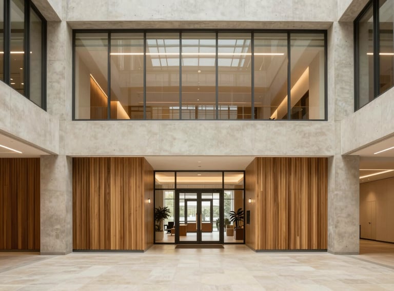 Straight-on architectural elevation of a modern commercial office lobby, clean concrete lines, fluted wood panels, warm diffused window light, 35mm lens.