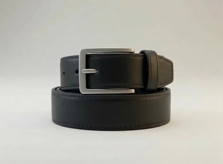 Cinturón de cuero genuino negro con hebilla plateada, accesorio artesanal