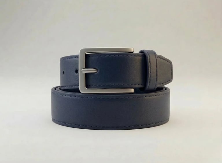 Cinturón de cuero genuino azul marino con hebilla plateada, accesorio artesanal