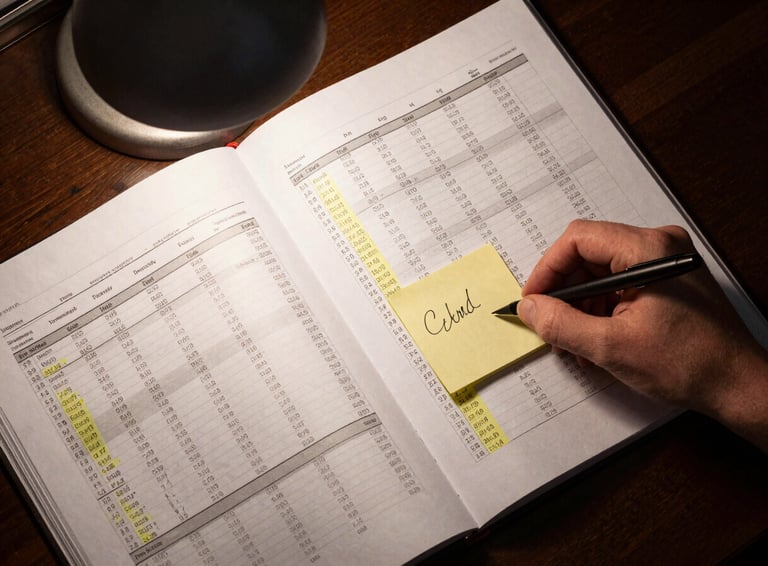 Overhead desk composition showing an open file folder with printed spreadsheet pages, columns of highlighted credit account data, a hand placing a sticky annotation flag on a specific row, task lamp casting precise light across the papers