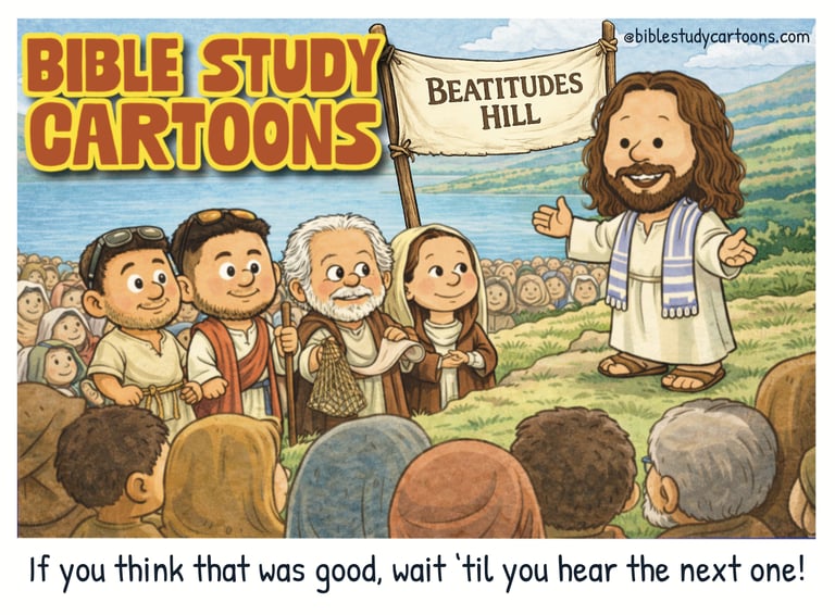 Cartoon of Jesus preaching the Beatitudes on a hill beside the Sea of Galilee.