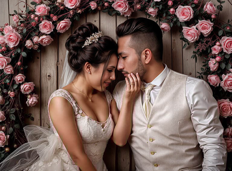Novios bolivianos abrazados ante un arco de rosas rosadas. Sesión de fotos de boda romántica