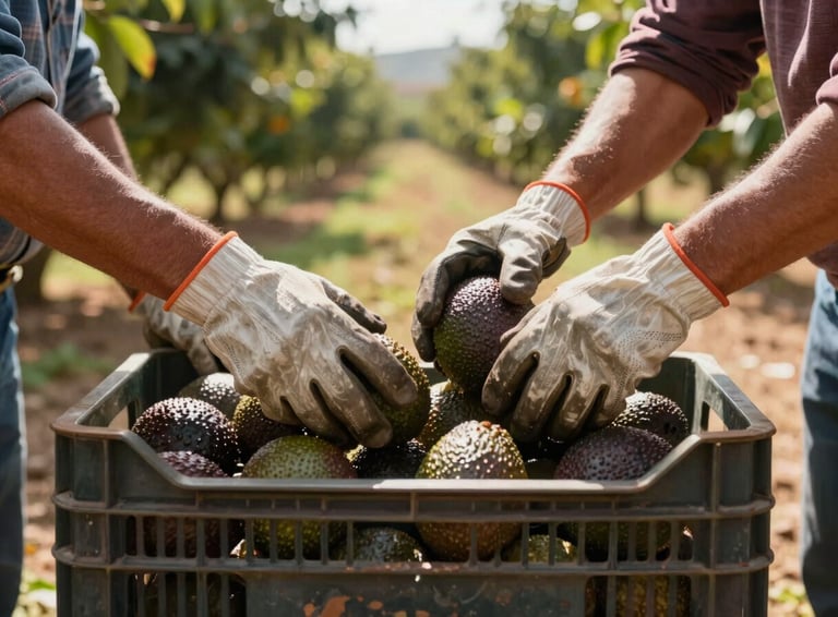 Close-up of harvest workers' gloved hands placing ripe Hass avocados into a labeled field crate, orchard row visible in the background under warm natural daylight, Mascota Jalisco terrain