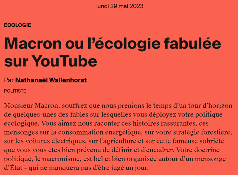 Macron ou l’écologie fabulée sur YouTube AOC média Nathanaël Wallenhorst