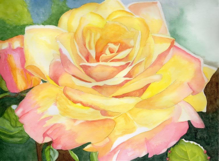 watercolor painting of a yellow rose in bloom