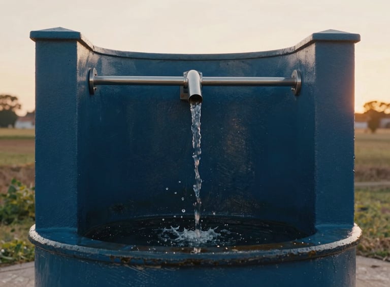 A clean modern water well structure in a rural community, clear water flowing, soft warm morning light, documentary style