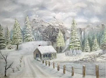 a painting of a house in the snow