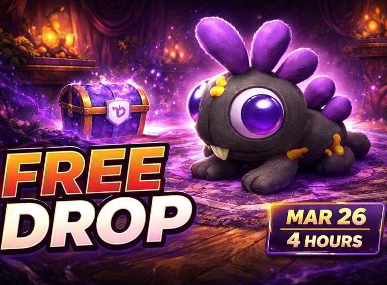 Cuddly Void Grrgle, a plush-style Void creature with glowing purple eyes, sits in the center of a dark magical interior.