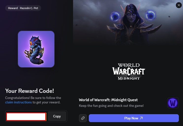 Instructions for claiming your free Baby Naga Battle Pet on Battle.net - Login, redeem the code.