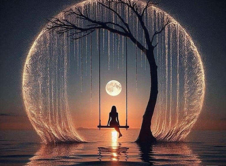 una mujer sola sentada en un columpio sostenido en un arbol ella mirando el resplandor de la luna,