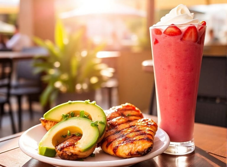 Grilled chicken with avocado slices and strawberry smoothie