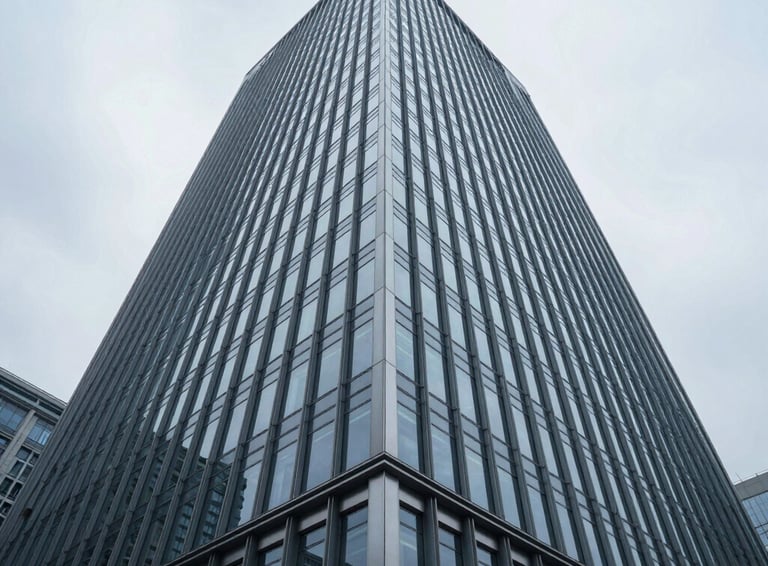 Wide-angle architectural crop of a modern steel and glass skyscraper facade reflecting cool overcast daylight