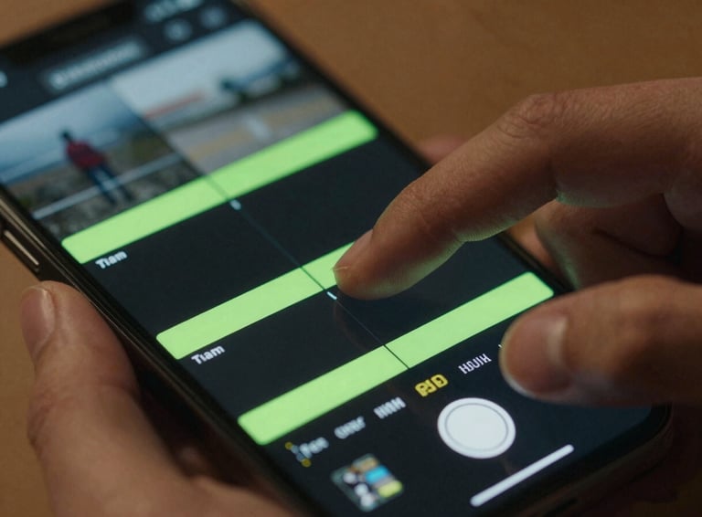 Extreme close-up of fingers tapping a smartphone screen, editing a fast-paced video timeline with neon green markers, cinematic lighting